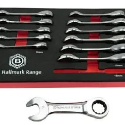 Britool Hallmark BHSRWSET12 12 Piece Stubby Ratchet Combination Spanner Set In Foam Tray