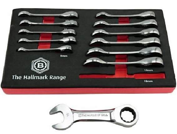 Britool Hallmark BHSRWSET12 12 Piece Stubby Ratchet Combination Spanner Set In Foam Tray